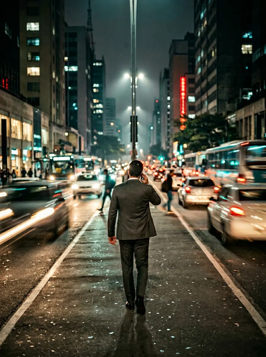 Executivo caminhando na Avenida Paulista à noite